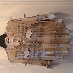 Cocomo Petite Sheer Orange, black and White plaid Boho Style top, size PXL